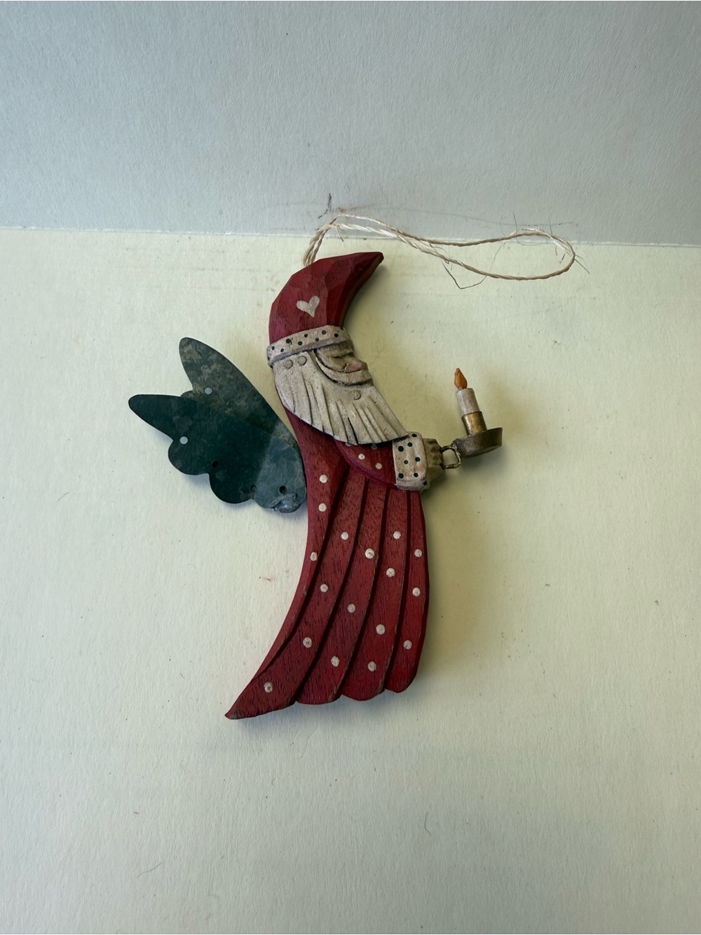 Vintage Hand Carved Wooden and Metal Winged Santa Claus Ornament.